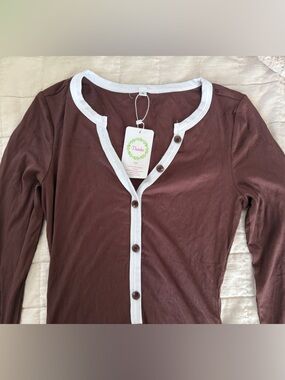 Threads 4 Thought Brown Long-Sleeve Henley Romper with White Trim NWT